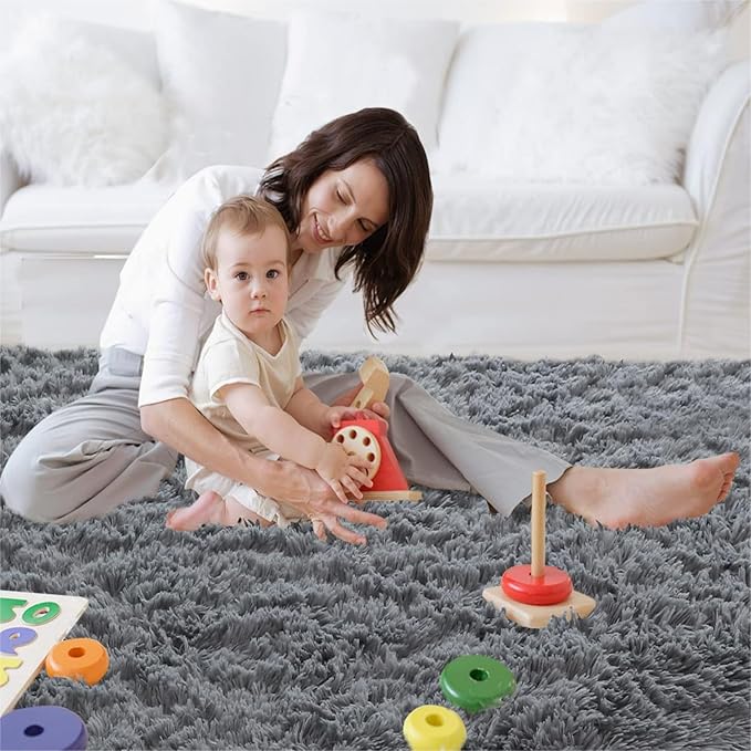 CAIYUECS Grey Area Rug for Living Room: Indoor Ultra Soft Shag Plush Rugs for Bedroom - Non-Skid Modern Nursery Faux Fur Rugs for Kids Room Home Decor (6x9 Feet, Grey)