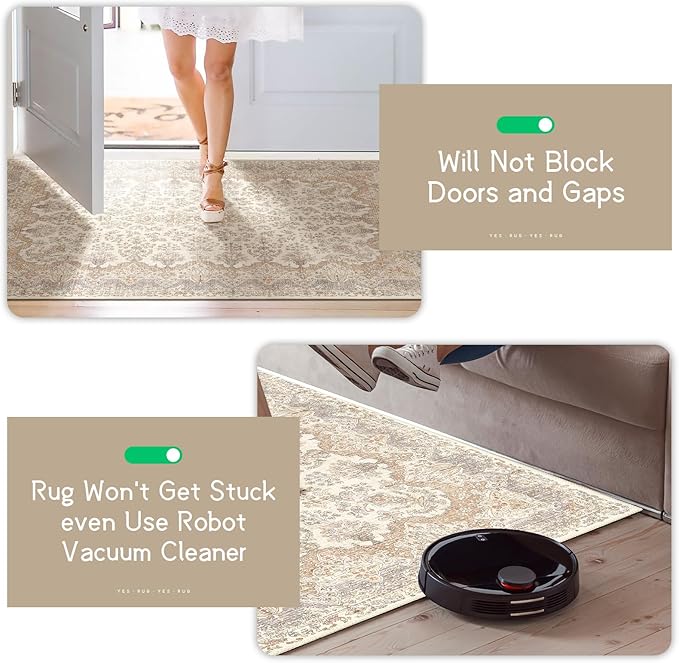 Boho Rug 3x5 Area Rugs, Washable Vintage Rug for Bedroom Living Room Kitchen Office Laundry Room, Non Slip Small Soft Rugs Retro Distressed Floor Carpet, Beige
