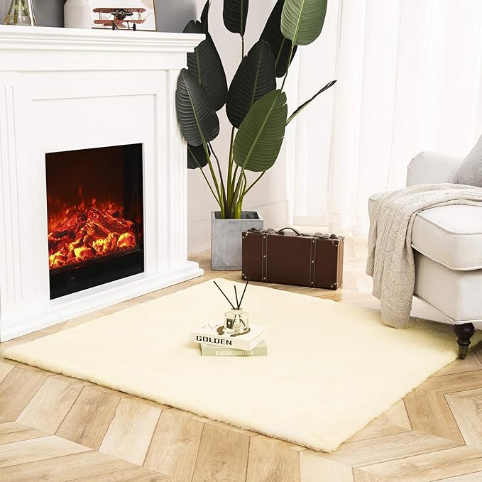 Ashler HOME DECO Ultra Soft Faux Rabbit Fur Chair Couch Cover Area Rug for Bedroom Floor Sofa Living Room Yellow 4 x 4 Feet