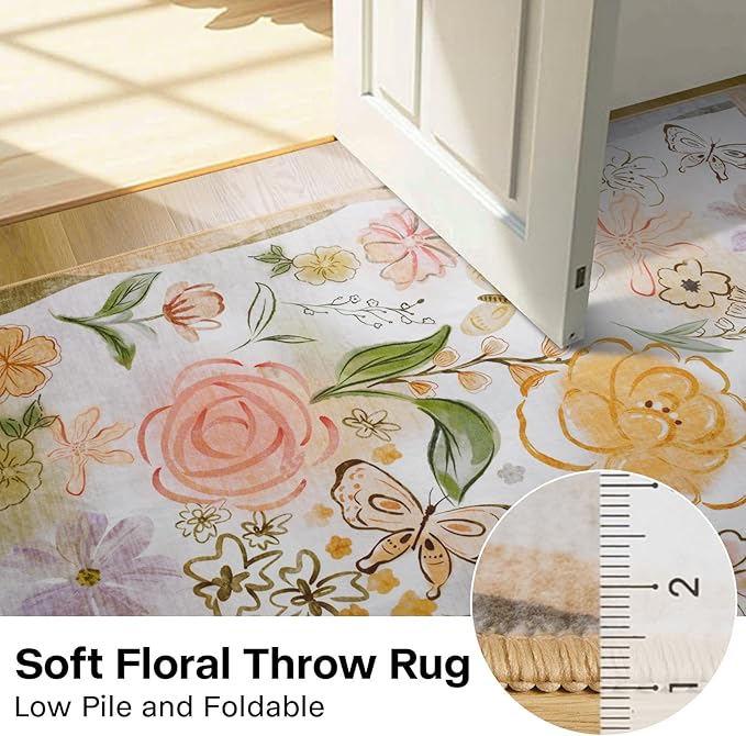ST. BRIDGE Beige Runner Rug 2x6, Washable Rug Runners for Hallway Entryway Bedroom, Non-Slip Low Pile Boho Floral Throw Rugs Soft Faux Wool Floor Carpet for Kitchen, Bathroom, Laundry