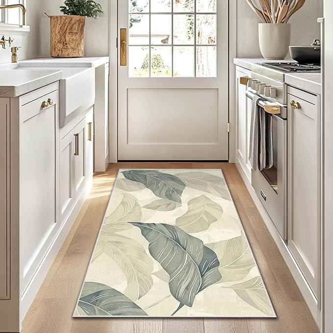 3x5 Entryway Rug Vintage Botanical Leaf Beige Area Rug Bedroom Bedside Thin Small Carpet Bathroom Non Slip Indoor Entrance Low Pile Door Mat Kitchen Stain Resistant Washable Machine