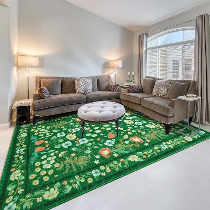Area Rugs for Living Room, 6x9 Washable Non-Slip Rug for Bedroom, Vintage Floral Carpet for Home Office Nursery Dining Room Kitchen, Green