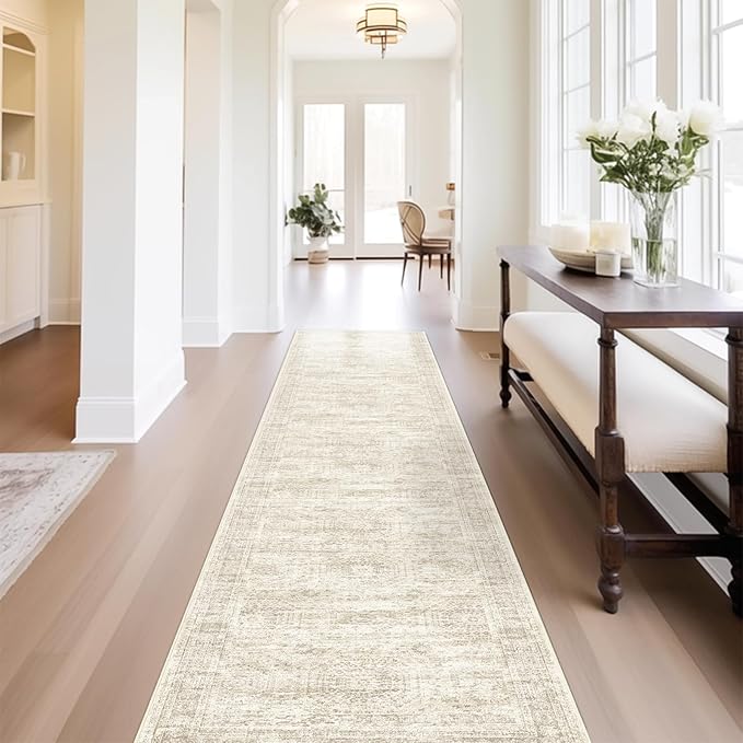 Runner Rug 2'6" x 14' Washable Non-Slip Runner Rugs for Kitchen Bathroom Laundry Room Vintage Ultra Thin Runners for Hallway Entryway Beige