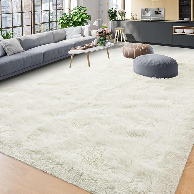 YJ.GWL Area Rugs for Living Room Bedroom, 9x12 Machine Washable Large Cream Carpet, Soft Fluffy Shaggy Thick Big Shag Indoor Floor Rug for Kids Boy and Girls Room Dorm Home Decor Aesthetic