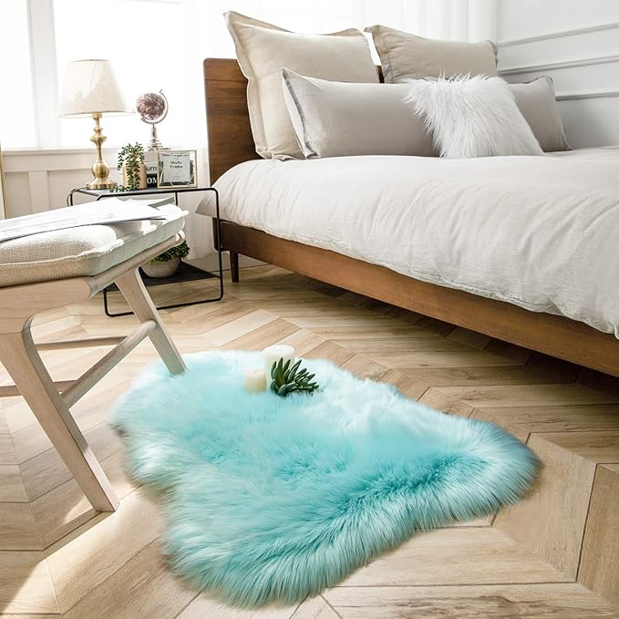 Ashler faux fur rug, Fluffy Shaggy Area Rug Ultra Soft 2 x 3 Feet Sheepskin Fur Rug, Turquoise Fuzzy Rug Machine Washable Shag Rug, Nursery Decor Throw Rugs for Bedroom, kids room, Living Room