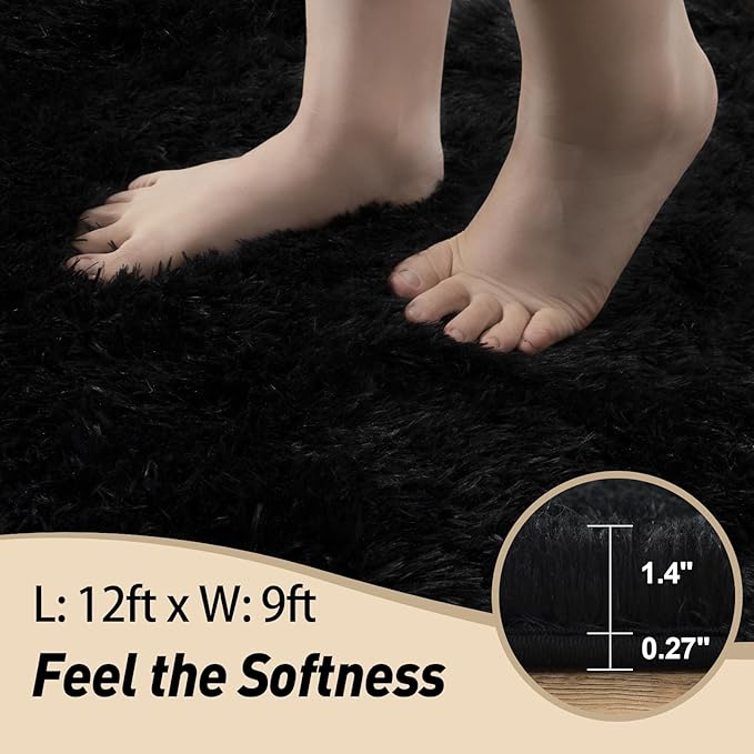 Black Area Rugs 9x12 Living Room, Large Fluffy Rugs for Bedroom, Soft Carpet Shag Kids Room Rug, Non-Slip Fuzzy Rugs Indoor (9ft x 12ft, Black)