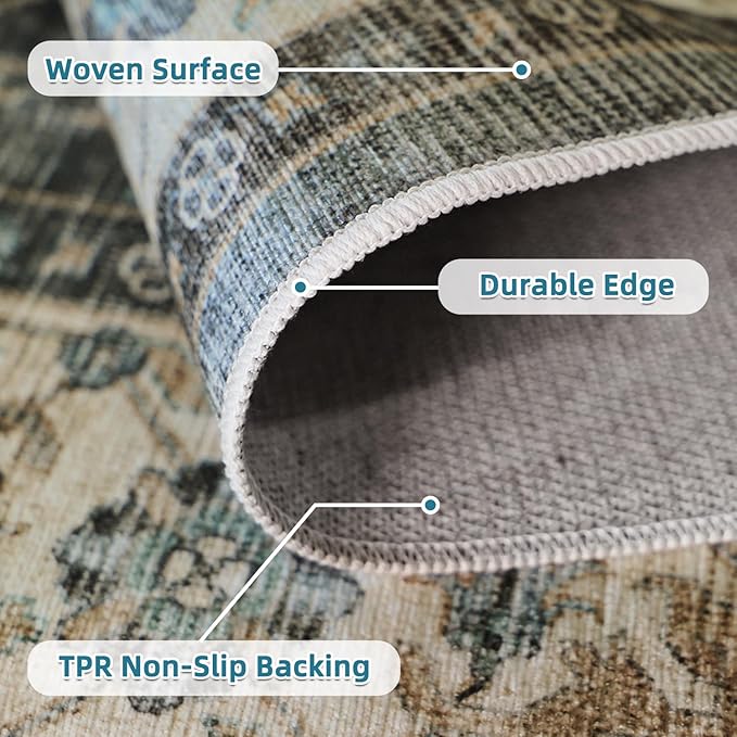 Dripex 5x7 Area Rugs, Machine Washable Non Slip Distressed Boho Rugs, No Pile Lightweight Vintage Rug, Floor Carpet for Living Room,Dining Room,Bedroom and Office,Dark Blue and Green