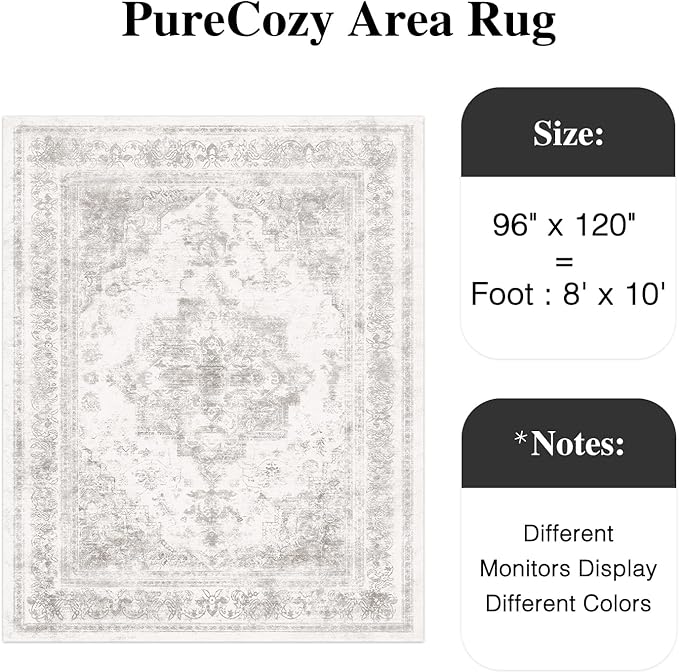 Washable Rug 8x10 Area Rug for Living Room Light Gray Vintage Boho Medallion Large Grey Distressed Retro Carpet Non Slip Indoor Low Pile Small Soft Bedroom Dining Room Home Office