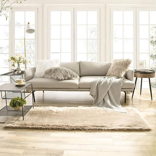 Ashler faux fur rug, Fluffy Shaggy Area Rug Ultra Soft 2.2 x 6 Feet Rectangle Fur Rug, Beige Fuzzy Rug Machine Washable Shag Rug, Nursery Decor Throw Rugs for Bedroom, kids room, Living Room