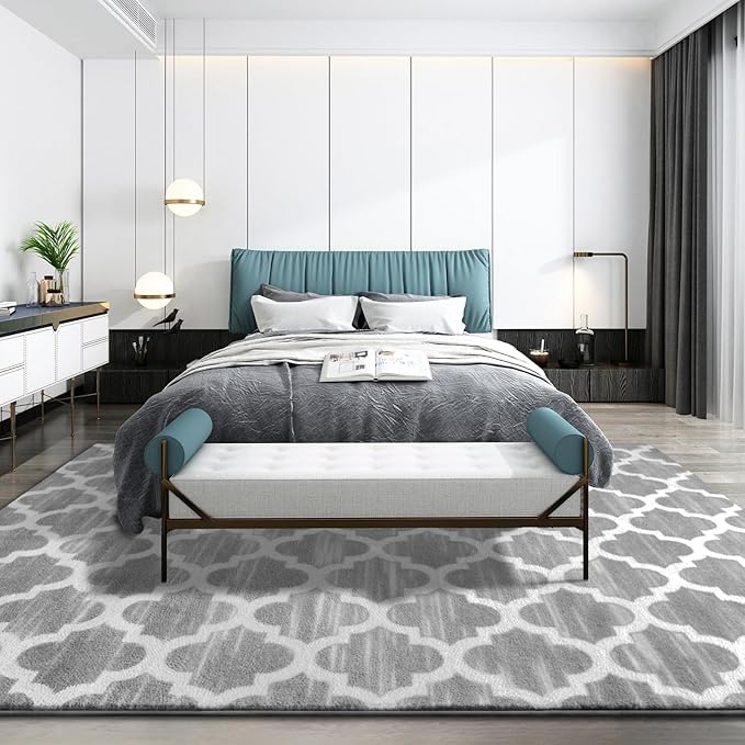 Geometric Shag Modern Area Rug for Living Room Bedroom, 3x5 Distressed Moroccan Fluffy Rug Indoor Carpet for Kids Nursery Bedside Room Decor, Memory Foam Super Soft Shaggy Rugs, Grey/White