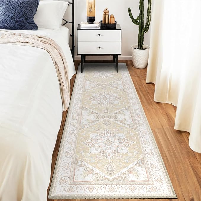 BESTSWEETIE 2x8 Area Rugs for Living Room Washable Non Slip Carpet Low Pile Soft Vintage Print Pattern Rug for Bedroom Dining Room Kitchen Entryway Indoor-Cream/Light Yellow/Brown/Blue/Red/Pink