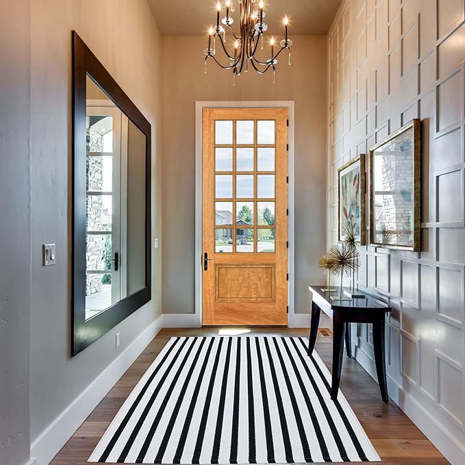 Black and White Outdoor Rug 3' x 5' Striped Front Porch Rug Hand-Woven Cotton Rug Machine Washable Floor Mat Indoor/Outdoor Area Rug for Layered Door Mats/Farmhouse/Living Room (3' x 5')