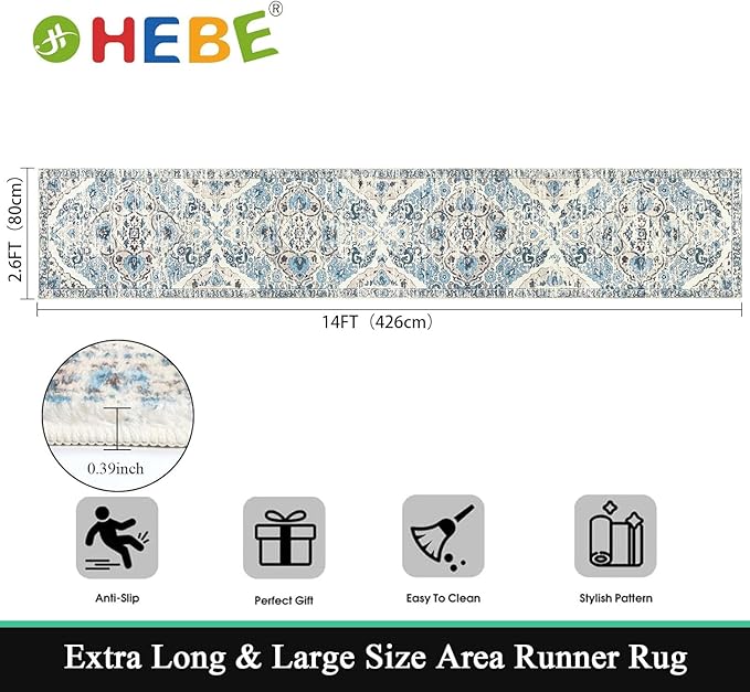 HEBE Hallway Runner Rug 2'8''x14' Washable Vintage Distressed Area Rugs Non Slip Laundry Rug Runner Boho Floor Carpet Runners for Hallways Entryway Laundry Room Kitchen Bathroom
