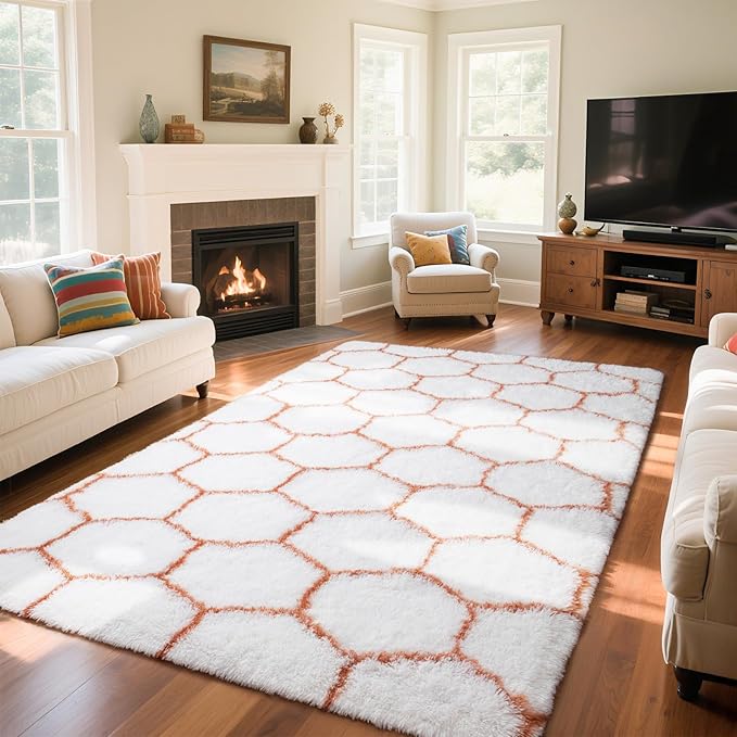 Zentavio Area Rugs for Living Room Large Rugs for Bedroom 6x9 Carpet Fluffy Fuzzy Soft Shag Aesthetic Plush High Pile Throw Rug for Nursery Kids Room Dorm Honeycomb Khaki
