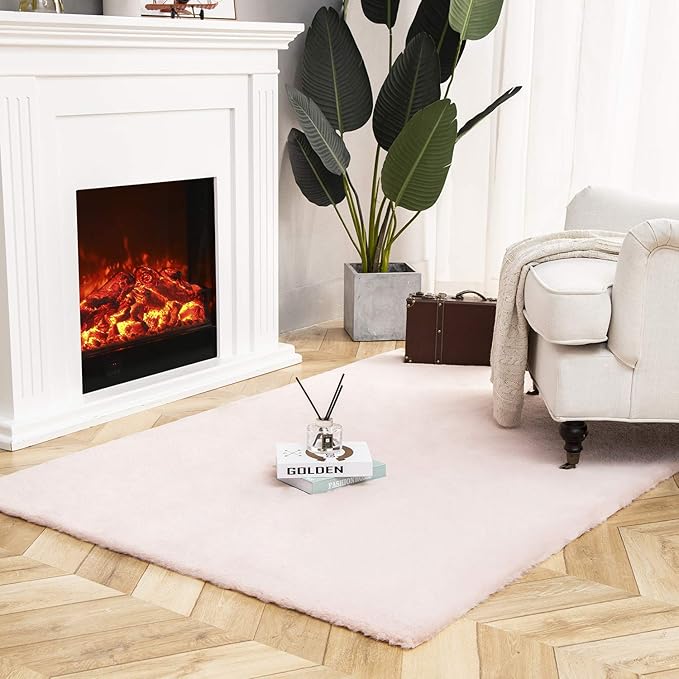 Ashler Faux Fur Rug, Ultra Soft Faux Rabbit Fur, Pink Area Rugs, 4 x 6 Feet Rectangle, Machine Washable Nursery Decor Throw Rugs for Bedroom, Kids Room, Living Room