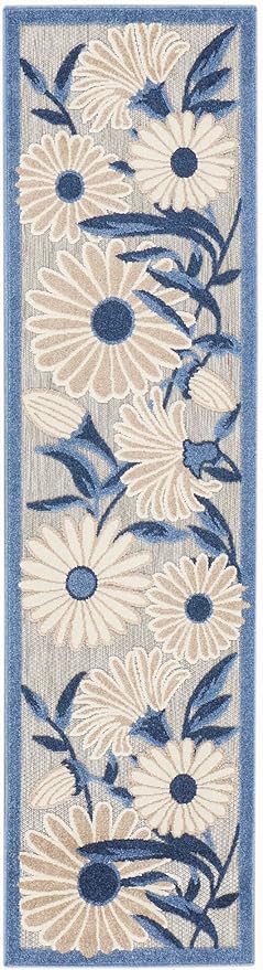 Nourison Aloha Outdoor Blue Grey 2'3" x 8' Area Rug, Easy Cleaning, Non Shedding, Bed Room, Living Room, Dining Room, Deck, Backyard, Patio (2x8)