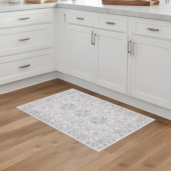 Washable Area Rug Non Slip - 2x3 Small Kitchen Boho Rug Vintage Entryway Low Pile Carpet for Doormat Grey