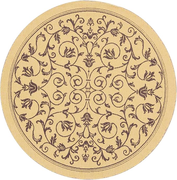 SAFAVIEH Courtyard Collection Area Rug - 6'7" Round, Natural & Brown, Scroll Design, Non-Shedding & Easy Care, Indoor/Outdoor & Washable-Ideal for Patio, Backyard, Mudroom (CY2098-3001)