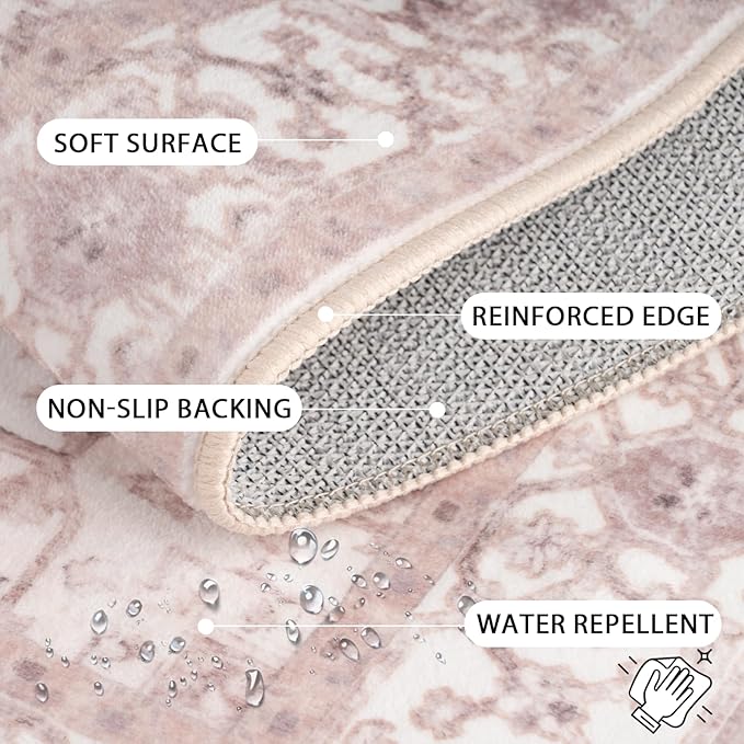 Washable 6x9 Area Rugs, Rugs for Living Room, Low-Pile Water&Stain Resistant Carpet Vintage Distressed Printed Non-Slip Carpet for Bedroom Bathroom Kitchen-Pink