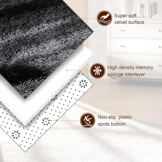 TWINNIS Super Soft Shaggy Rugs Fluffy Carpets, 6x9 Feet, Indoor Modern Plush Area Rugs for Living Room Bedroom Kids Room Nursery Home Decor, Upgrade Anti-Skid Rectangular Fuzzy Rug, Black Gray