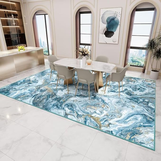 Washable Area Rug 5x7 - Artistic Style Modern Rug for Living Room Bedroom Dining Room, Soft Low Pile Machine Washable Carpet, Non Slip Non Shedding Area Rug - Blue/Gold, 5'x7'