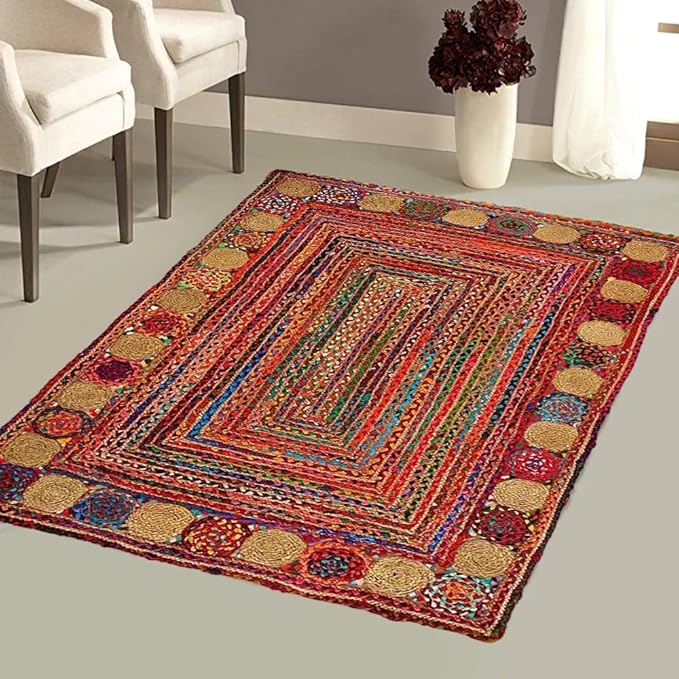 GRUHUM Jute Cotton Area Rug 8x10ft -Natural Multicolour Handwoven Boho Chindi Farmhouse Soft Braided Rustic Vintage Eco Friendly Rug for Indoor Kitchen Bedroom Living Room Hallways Enterways 8x10ft