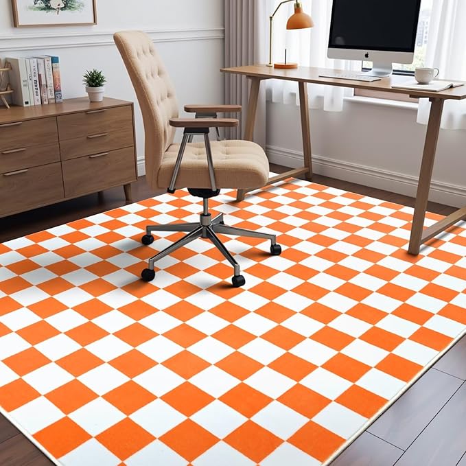 Terrug Orange and White Checkered Rug for Living Room Bedroom, 3x5 Soft Washable Area Rug with Non Slip, Low Pile Stain Resistance Carpet for Kids Room Entryway Kitchen Dorm