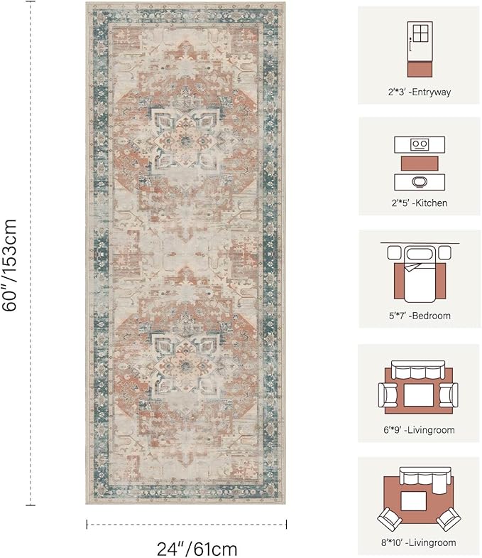 2x5 Hallway Runner Rug, Non Slip Boho Runner Rugs Kitchen, Entrance, Bathroom, Laundry Room, Soft Low Pile Carpet, Throw Retro Imitation Wool Carpet, Coral(Blue&Orange)