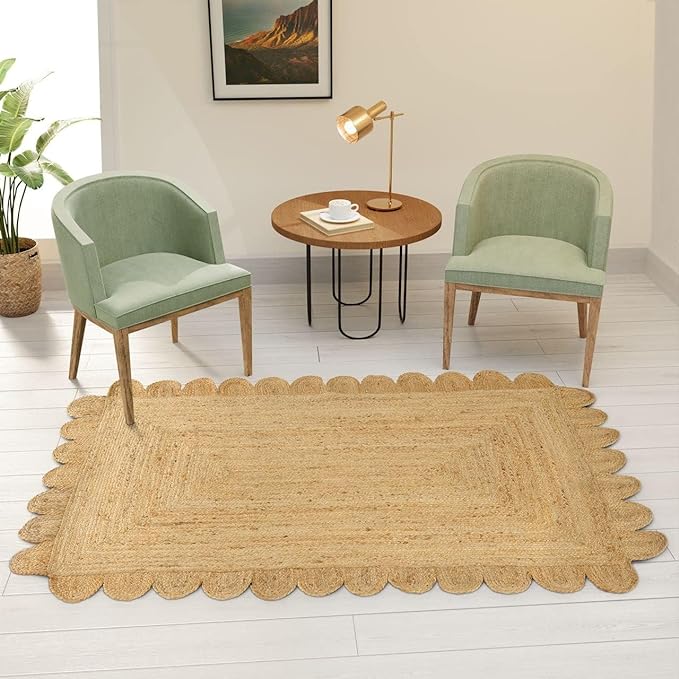 GRUHUM Scalloped Jute Runner Rug 2'6"x4'ft Natural Fibre Rectangular Boho Reversible Handwoven Soft Rustic Vintage Farmhouse Jute Area Rug Indoor EcoFriendly Livingroom Kitchen Hallways Enterways
