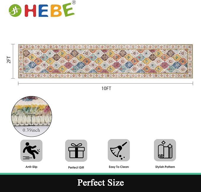 HEBE Hallway Runner Rug 2'x10' Washable Vintage Distressed Area Rugs Non Slip Laundry Rug Runner Boho Floor Carpet Runners for Hallways Entryway Laundry Room Kitchen Bathroom
