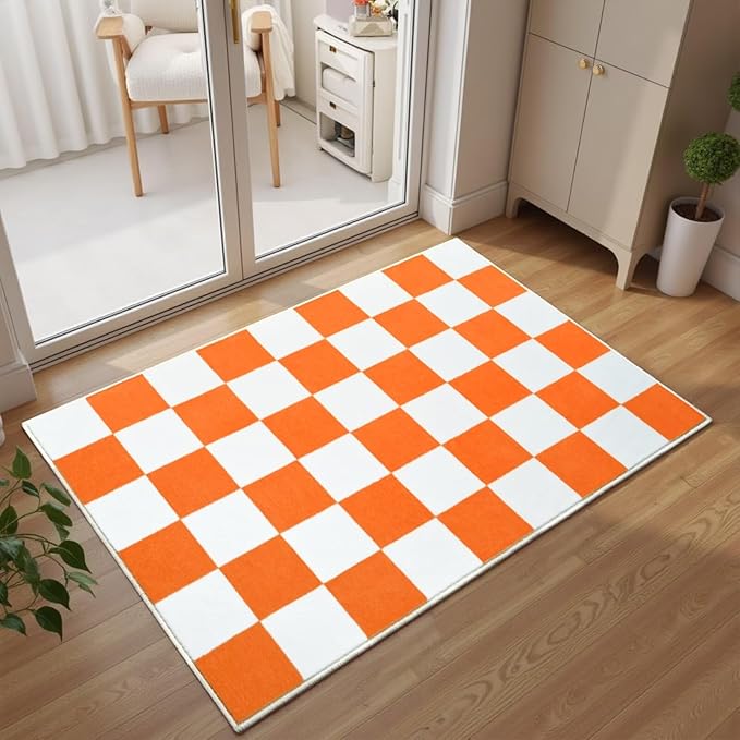 Terrug Orange and White Small Checkered Rug for Bedroom, 2x3 Soft Washable Rug with Non Slip Backing, Low Pile Throw Carpet for Entryway Hallway Kitchen Laundry Room