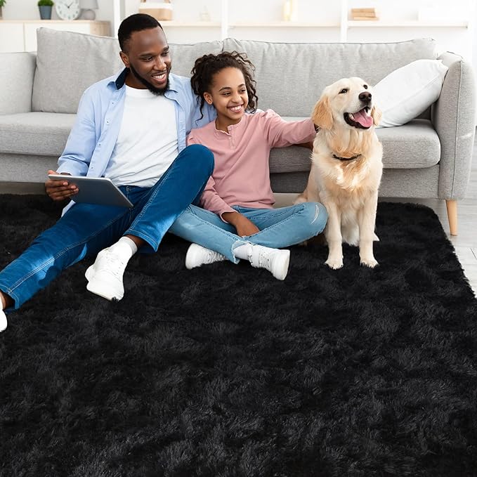 YJ.GWL Area Rugs for Living Room Bedroom, 6x9 Machine Washable Large Black Carpet, Soft Fluffy Shaggy Thick Big Shag Indoor Floor Rug for Kids Boy and Girls Room Dorm Home Decor Aesthetic
