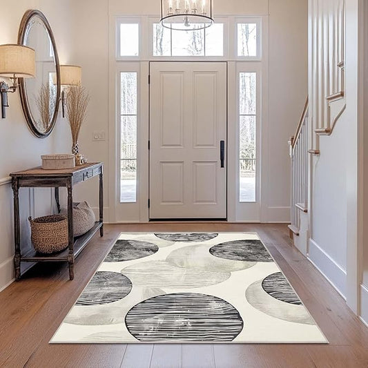 4x6 Rug Abstract Minimalist Black Beige Circle Design Modern Neutral Area Rug Bedroom Ultra-Thin Soft Low Pile Large Carpet Living Room Non Slip Dining Room Office Stain Resistant Washable Machine