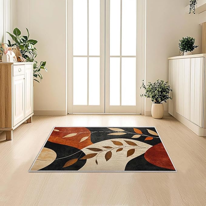 2x3 Entryway Rugs Machine Washable Boho Area Rug Vintage Black Brown Leaf Modern Abstract Rug Non-Slip Low Pile Door Mat Entrance Small Carpet for Home Kitchen Bathroom Bedroom