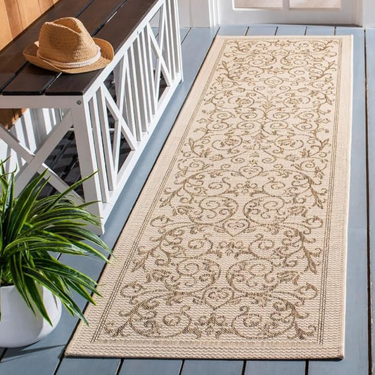 SAFAVIEH Courtyard Collection Runner Rug - 2'3" x 6'7", Natural & Brown, Scroll Design, Non-Shedding & Easy Care, Indoor/Outdoor & Washable-Ideal for Patio, Backyard, Mudroom (CY2098-3001)