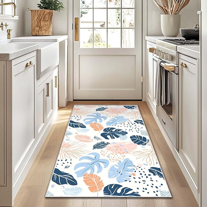 3x5 Entryway Rug Boho Botanical Tropical Leaf White Area Rug Bedroom Bedside Ultra-Thin Soft Small Carpet Bathroom Non Slip Indoor Entrance Low Pile Door Mat Kitchen Stain Resistant Washable Machine