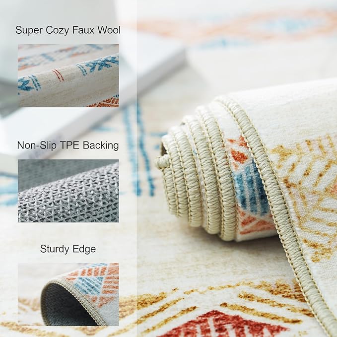 10x14 Washable Area Rug: Moroccan Large Neutral Boho Area Rug for Living Room & Bedroom Geometric Non-Slip Farmhouse Carpet for Living Room Yellow Colourful 10'x14'.