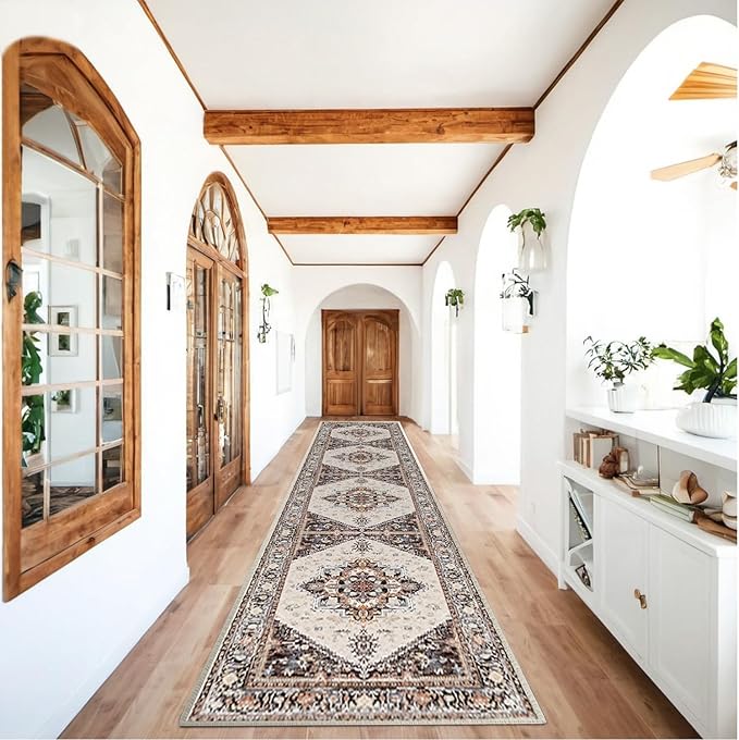 BESTSWEETIE 2x10 Area Rugs for Living Room Washable Non Slip Carpet Low Pile Soft Vintage Print Pattern Rug for Bedroom Dining Room Kitchen Entryway Indoor-Khaki/Beige/Purple/Black/Brick
