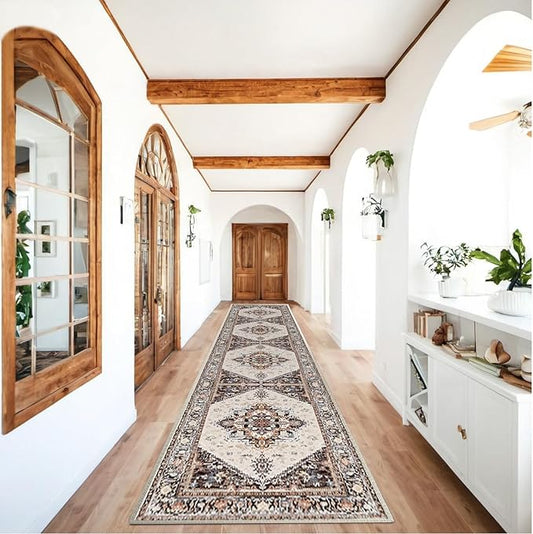 BESTSWEETIE 2x10 Area Rugs for Living Room Washable Non Slip Carpet Low Pile Soft Vintage Print Pattern Rug for Bedroom Dining Room Kitchen Entryway Indoor-Khaki/Beige/Purple/Black/Brick
