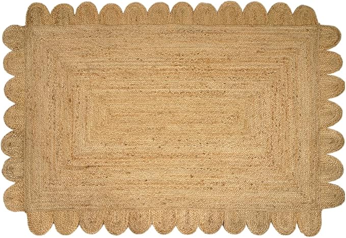 GRUHUM Scalloped Jute Area Rug 4'x6' ft Natural Fibre Rectangular Handwoven Boho Reversible Farmhouse Soft Braided Rustic Vintage Rug Indoor EcoFriendly Livingroom Bedroom Kitchen Hallways Enterways