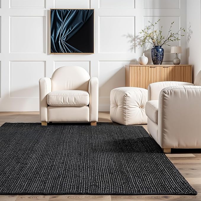 GRUHUM Black Jute Area Rug 9x12 Feet Rectangle Natural Fiber Boho Braided Handwoven Farmhouse Rustic Vintage EcoFriendly Large Carpet Home Décor Rugs - Living Room Hallways Bedroom Enterwayss 9x12'ft