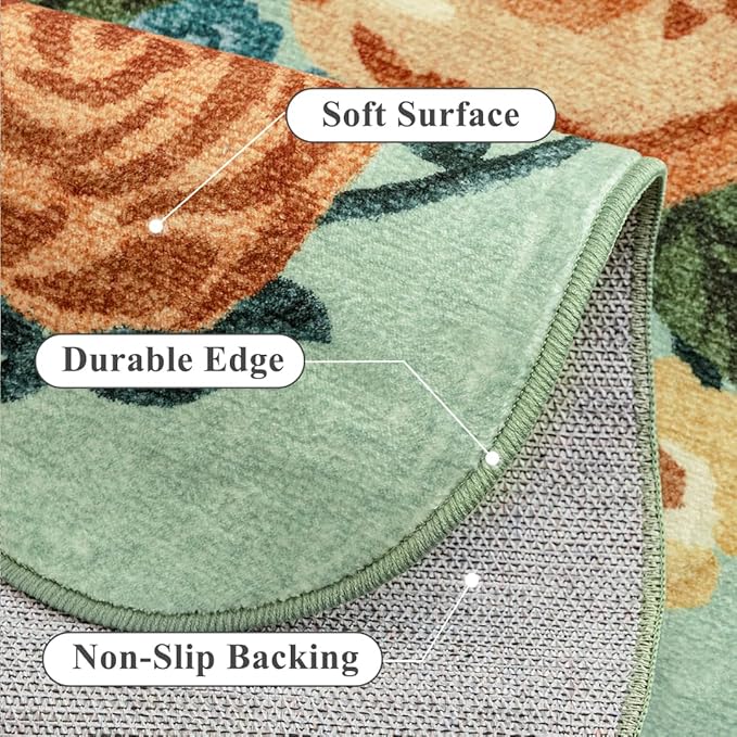 Washable Floral Runner Rug 2x8 Green Hallway Carpet Scalloped Flower Non Slip Soft Long Kitchen Runner Farmhouse Low Pile Thin Indoor Floor Cover for Bathroom Bedroom Laundry Room Entryway