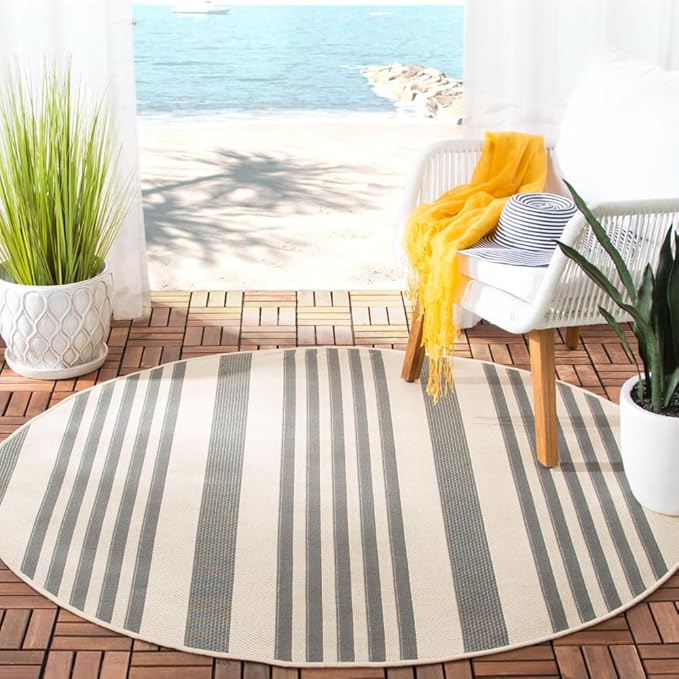 SAFAVIEH Courtyard Collection 5'3" Round Grey/Bone CY6062 Stripe Indoor/ Outdoor--Waterproof Easy--Cleaning Patio Backyard Mudroom Area--Rug