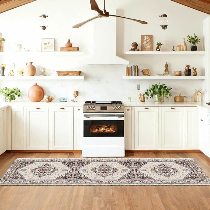 BESTSWEETIE 2x10 Area Rugs for Living Room Washable Non Slip Carpet Low Pile Soft Vintage Print Pattern Rug for Bedroom Dining Room Kitchen Entryway Indoor-Khaki/Beige/Purple/Black/Brick