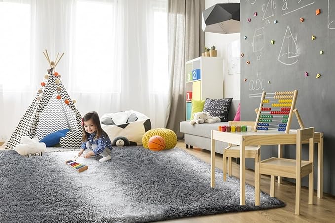 TWINNIS Super Soft Shaggy Rugs Fluffy Carpets, 4x5.9 Feet, Indoor Modern Plush Area Rugs for Living Room Bedroom Kids Room Nursery Home Decor, Upgrade Anti-Skid Rectangular Fuzzy Rug, Grey White