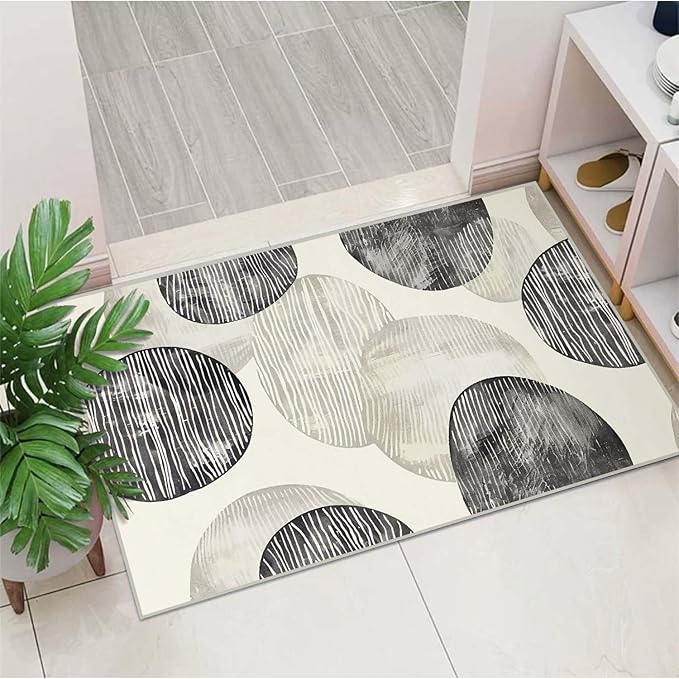 2x3 Entryway Rug Abstract Minimalist Black Beige Circle Neutral Area Rug Ultra-Thin Small Carpet Bathroom Non Slip Indoor Entrance Low Pile Door Mat Kitchen Stain Resistant Washable
