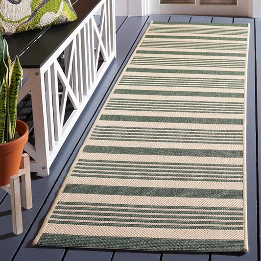 SAFAVIEH Courtyard Collection Runner Rug - 2'3" x 12', Beige & Dark Green, Stripe Design, Non-Shedding & Easy Care, Indoor/Outdoor & Washable-Ideal for Patio, Backyard, Mudroom (CY6062-322)