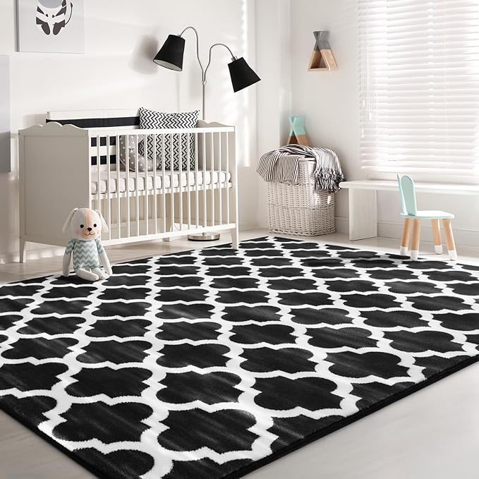 Large 5x8 Geometric Shag Modern Area Rug for Living Room Bedroom, Distressed Moroccan Fluffy Rug Indoor Carpets for Kids Nursery Bedside Room Decor, Memory Foam Soft Shaggy Rugs, Black/White