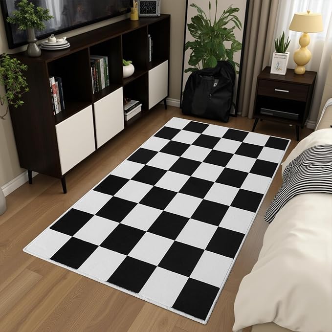 Terrug Black and White Small Checkered Rug for Bedroom, 2x3 Soft Washable Rug with Non Slip Backing, Low Pile Throw Carpet for Entryway Hallway Kitchen Laundry Room