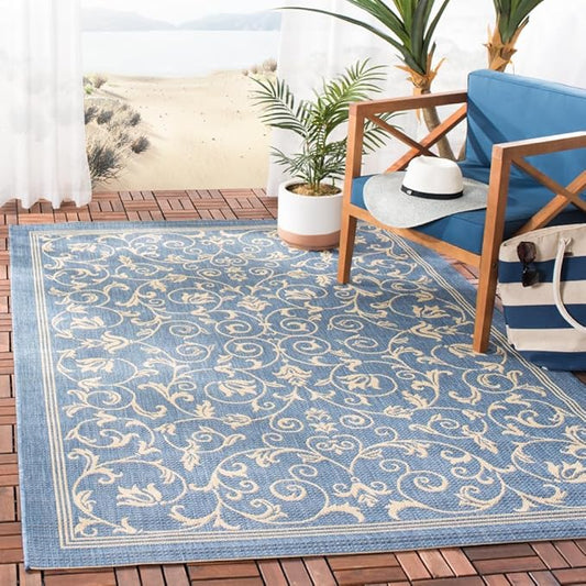 SAFAVIEH Courtyard Collection 5'3' x 7'7' Blue / Natural CY2098 Scroll Indoor/ Outdoor Patio Backyard Mudroom Area-Rug